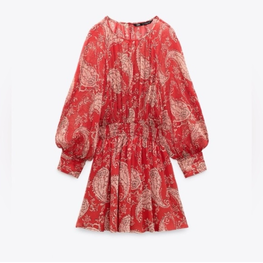 Zara Red Printed Paisley Long Sleeve Waist Cinch Everyday Chiffon Dress Sz.Small